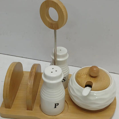 Ceramic Salt Pepper Sugar Dish And Serviette Holder Set