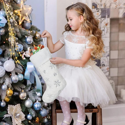 4 Pack Christmas White Faux Fur Christmas Socks with Silver Sequin Snowflakes