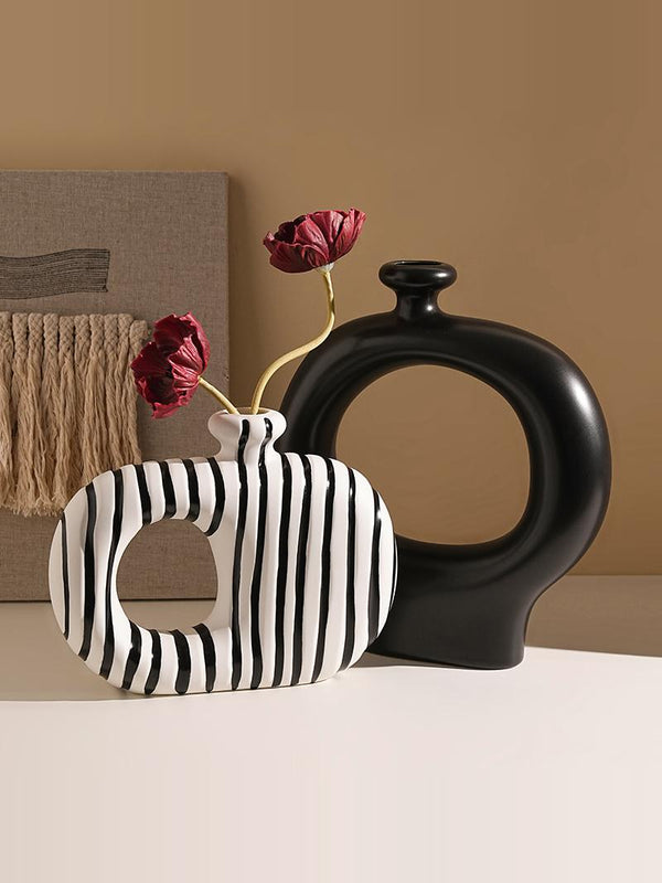 2 Piece Hollow Circle Ceramic Vases Set with Striped Pattern