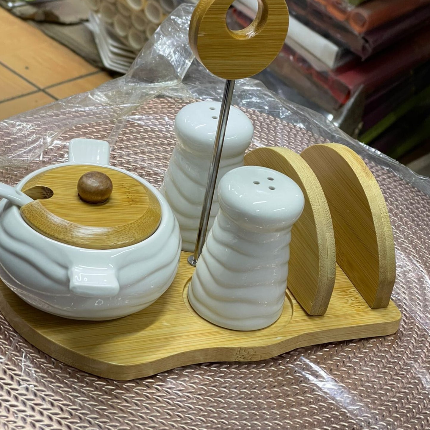 Ceramic and Bamboo Tabletop Condiment and Serviette Set