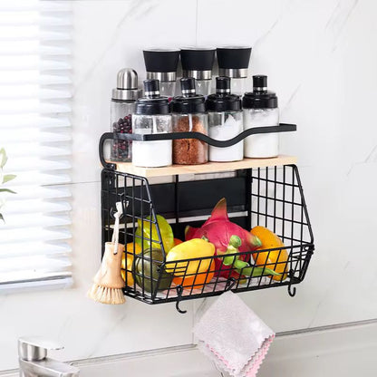 Multifuntional wire storage basket with wooden shelf