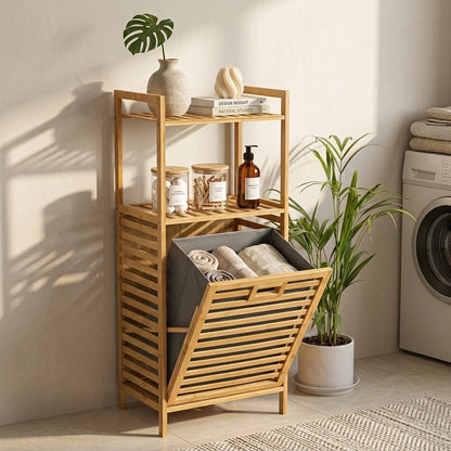 2-Tier shelves bamboo laundry basket