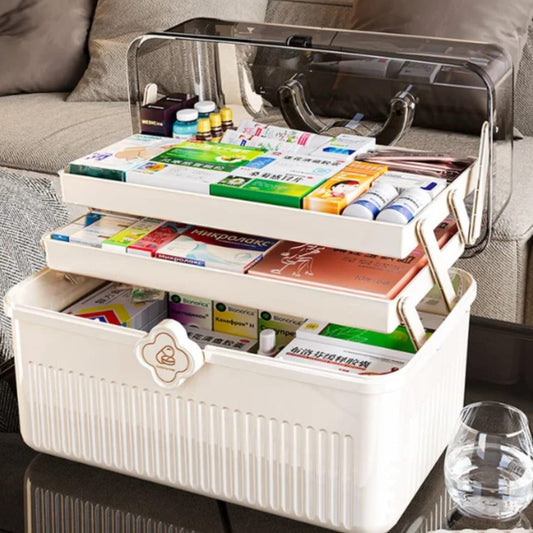 Three layer portable medicine pill box with transparent lid and unfolded trays