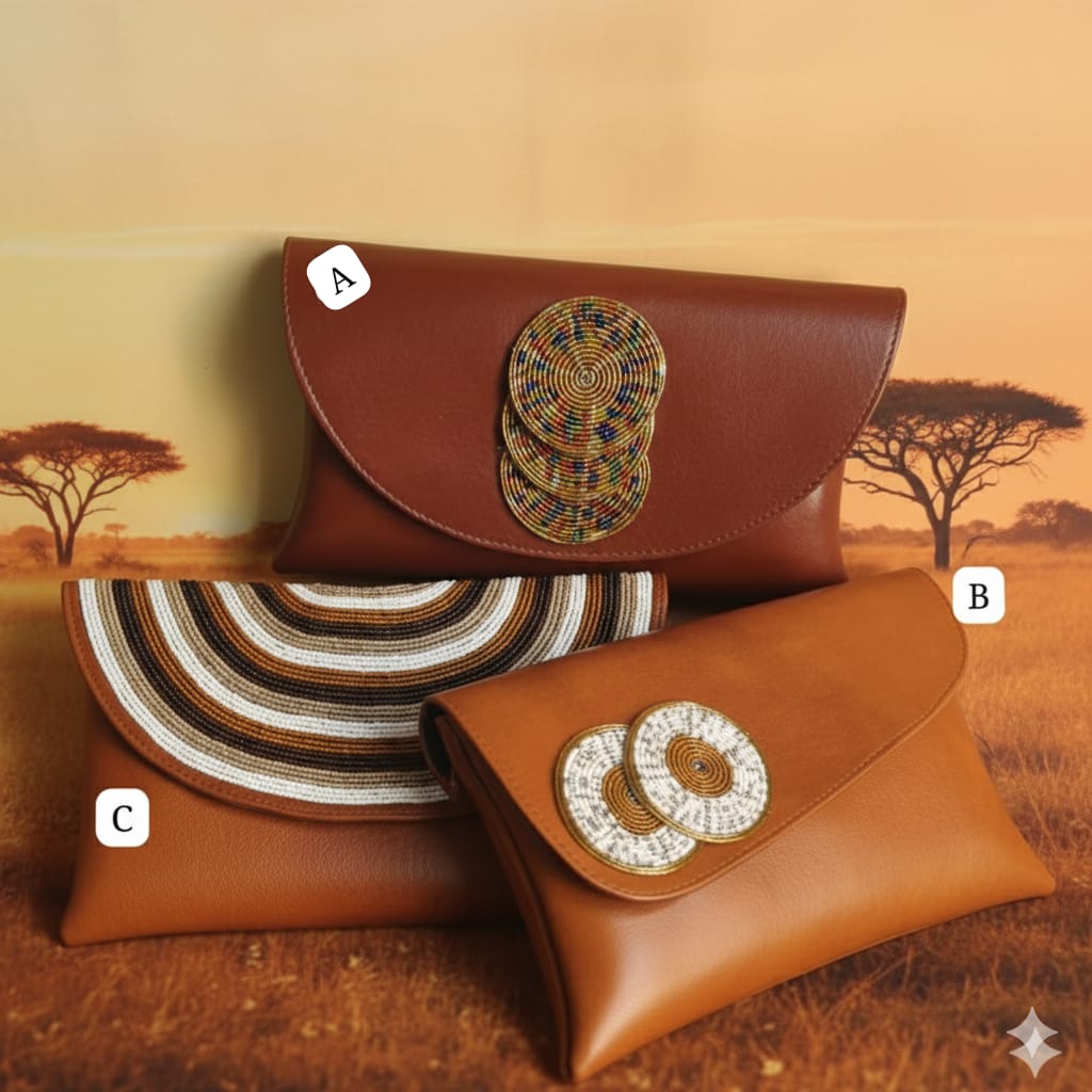 Leather envelope clutches with colorful and white circular Maasai beadwork