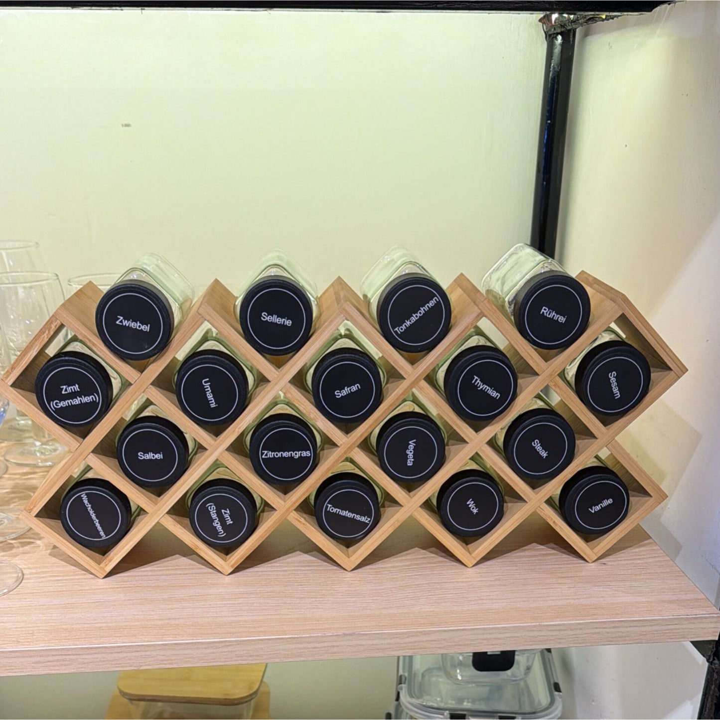 Wooden Spice Rack with 18 Glass Jars and Pre-labelled Sticker Sheet Gha