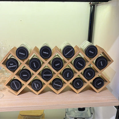 Wooden Spice Rack with 18 Glass Jars and Pre-labelled Sticker Sheet Gha