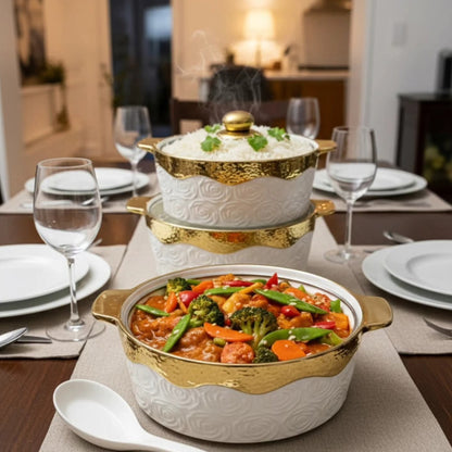 6-Piece Luxury Ceramic Serving Dish Set with Gold-Toned Handles and Spoons