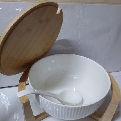 Ceramic Salad Bowl With Bamboo Stand And Lid