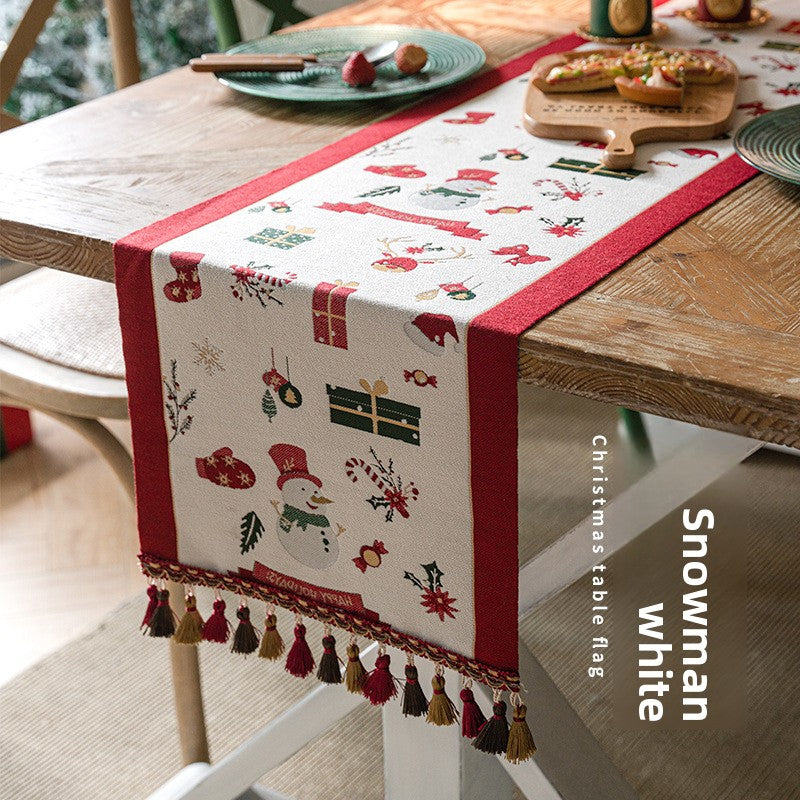 Reindeer Snowman Jacquard Table Runner With Tassels