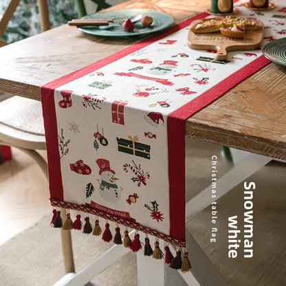 Reindeer Snowman Jacquard Table Runner With Tassels