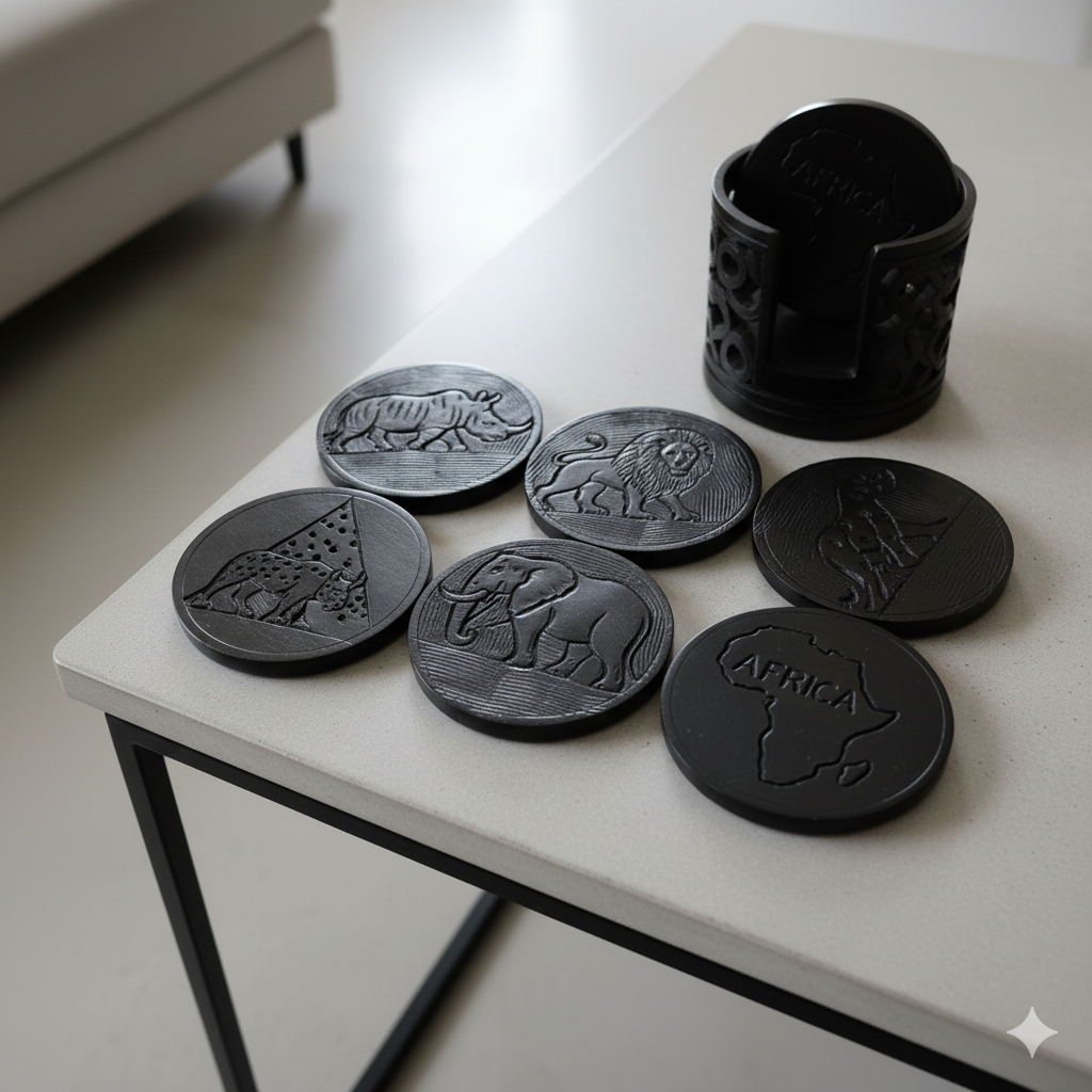 Handcrafted ebony wood coaster set with stand. One coaster shows a carved map of Africa; the stand shows a carved Big Five animal.