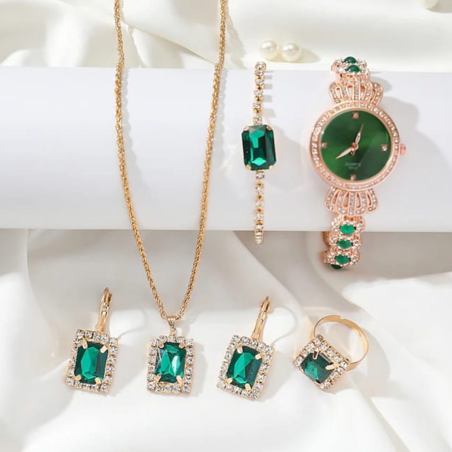 5 Pcs Green Ladies Jewelry and Watch Gift Set