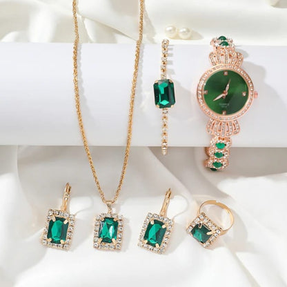 5 Pcs Green Ladies Jewelry and Watch Gift Set
