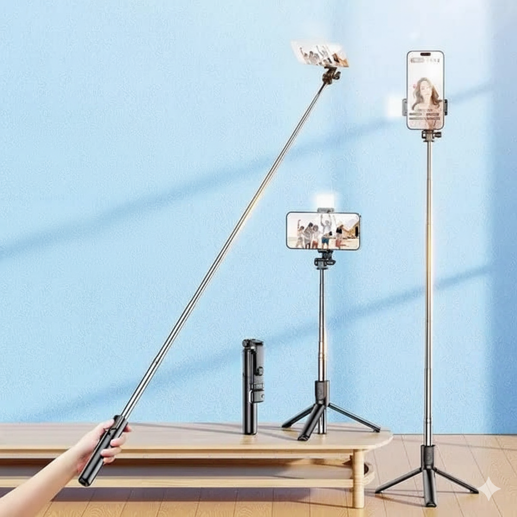 Extendable selfie stick tripod with a 360-degree rotating phone holder