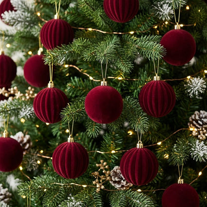 24Pc 8cm Red Velvet Christmas Decor Balls  Set