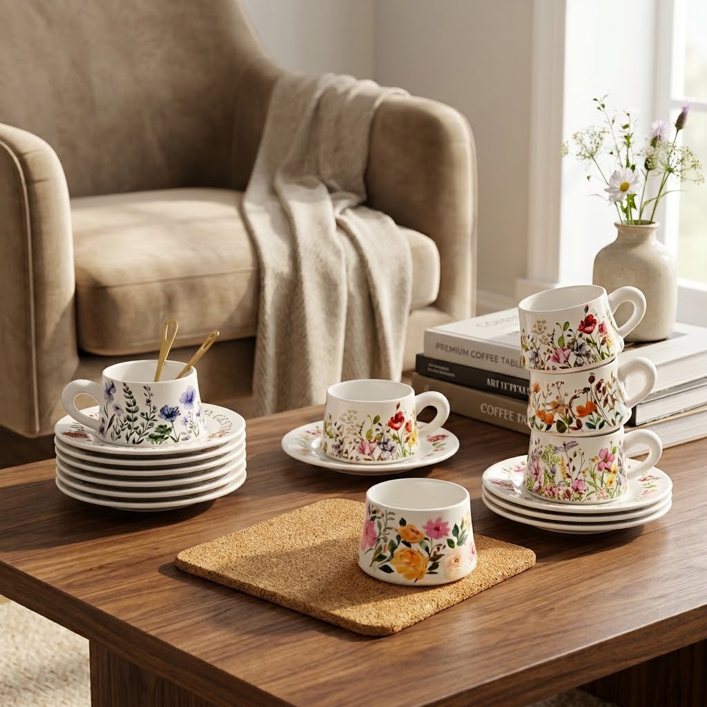 300ml  Flower Ceramic Coffee Cup and Saucer Set