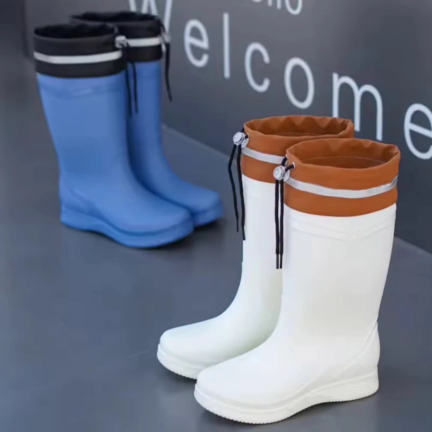 Drawstring Mid Tube Waterproof Fleece Rain Boots