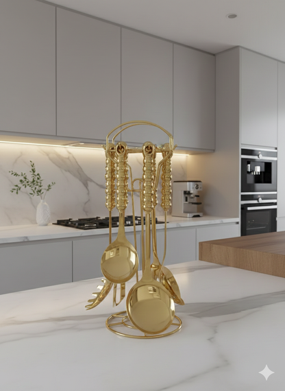 6 Pc gold serving spoon set with stand