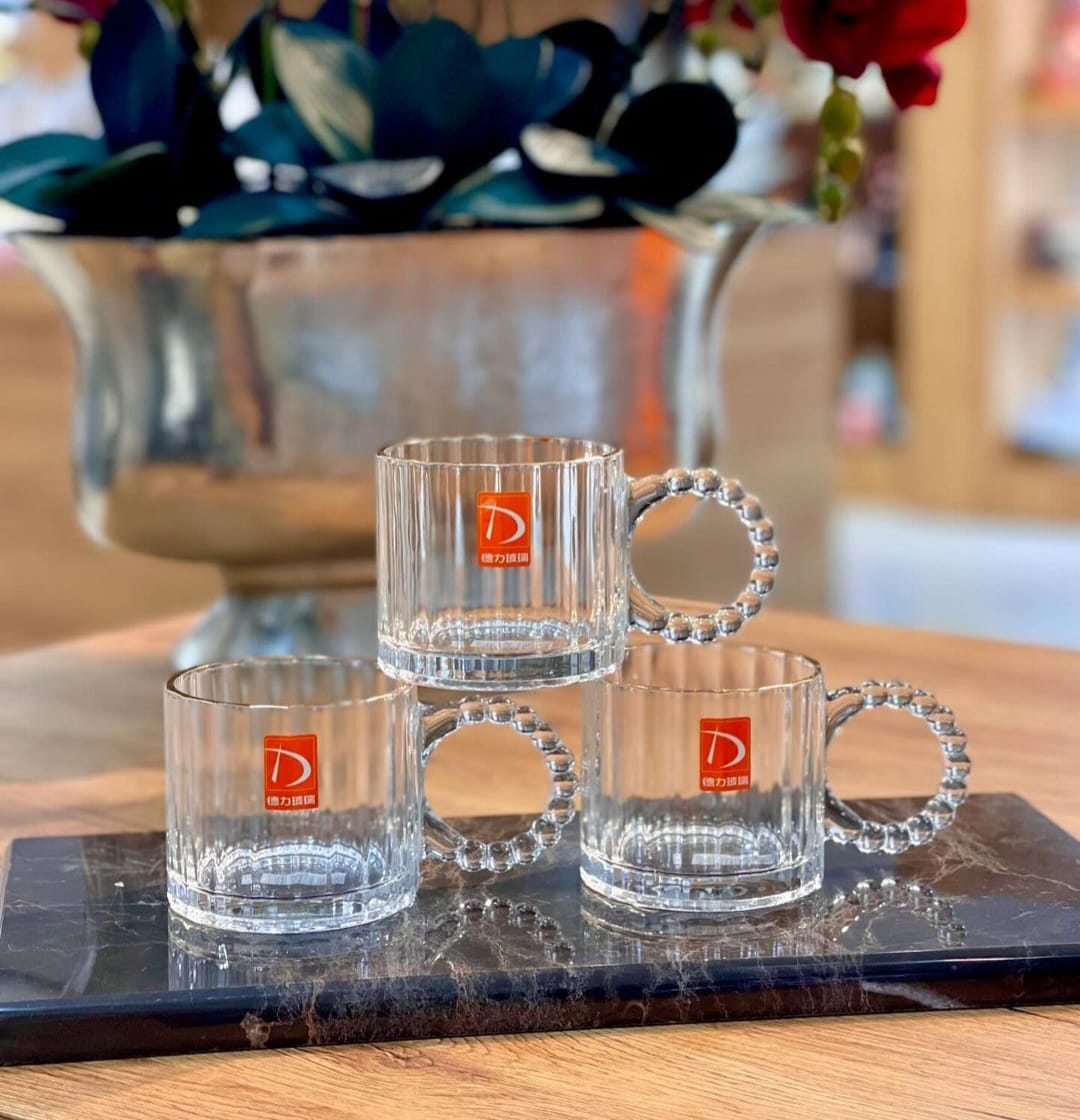 6PCS 320ML RIBBED GLASS MUGS WITH PEARL HANDLE