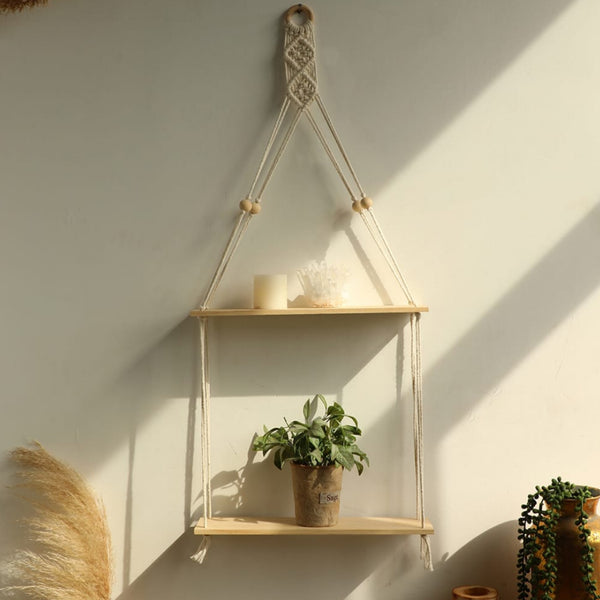 Hand Woven Rope and Wood 2-Tier Wall Hanging Shelf