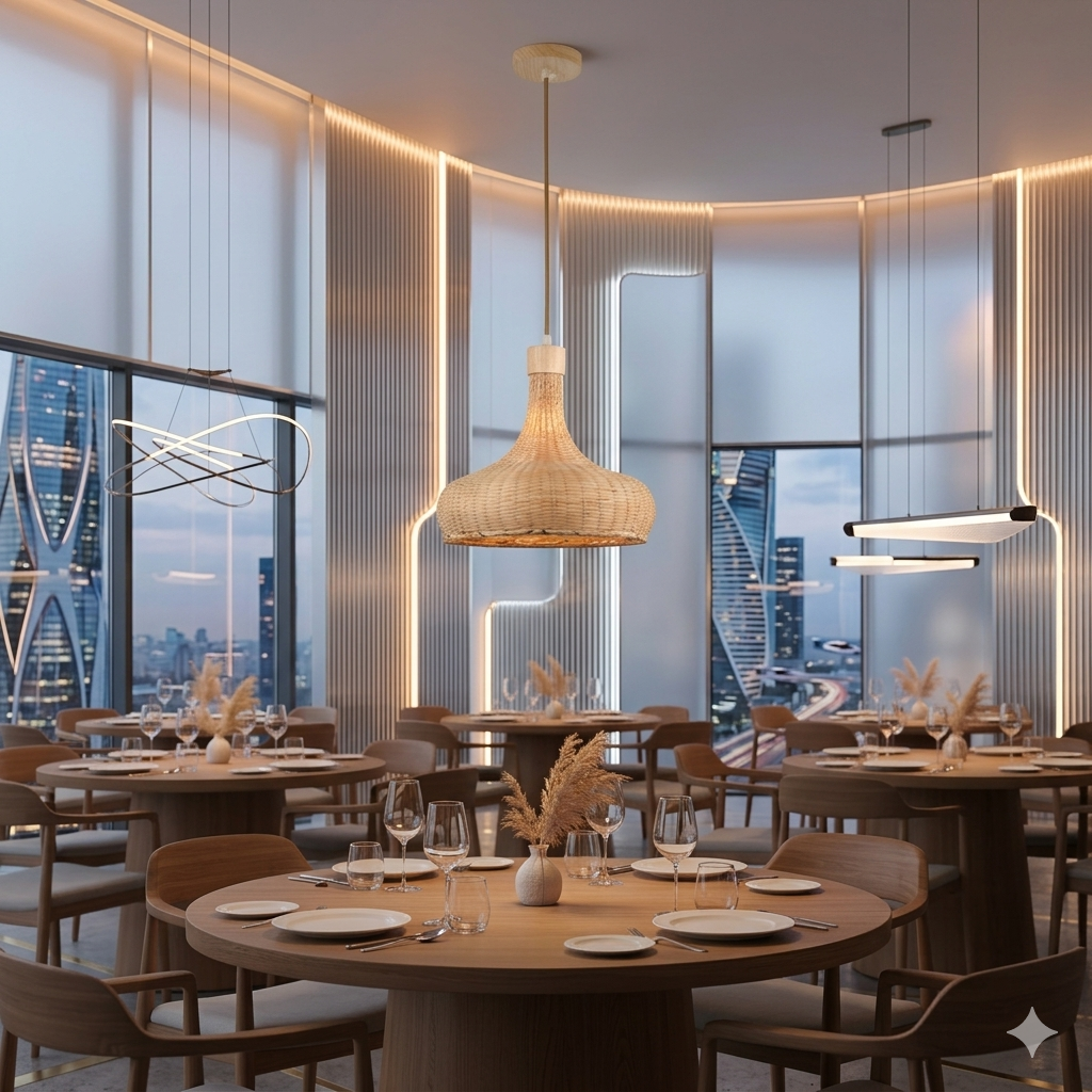 A wide dome-shaped woven bamboo pendant light.