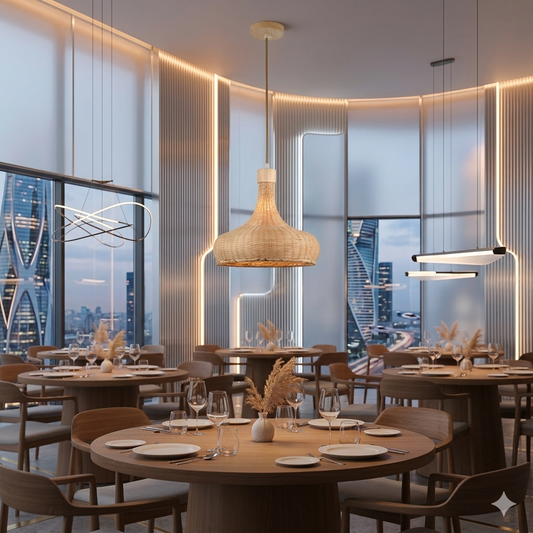 A wide dome-shaped woven bamboo pendant light.