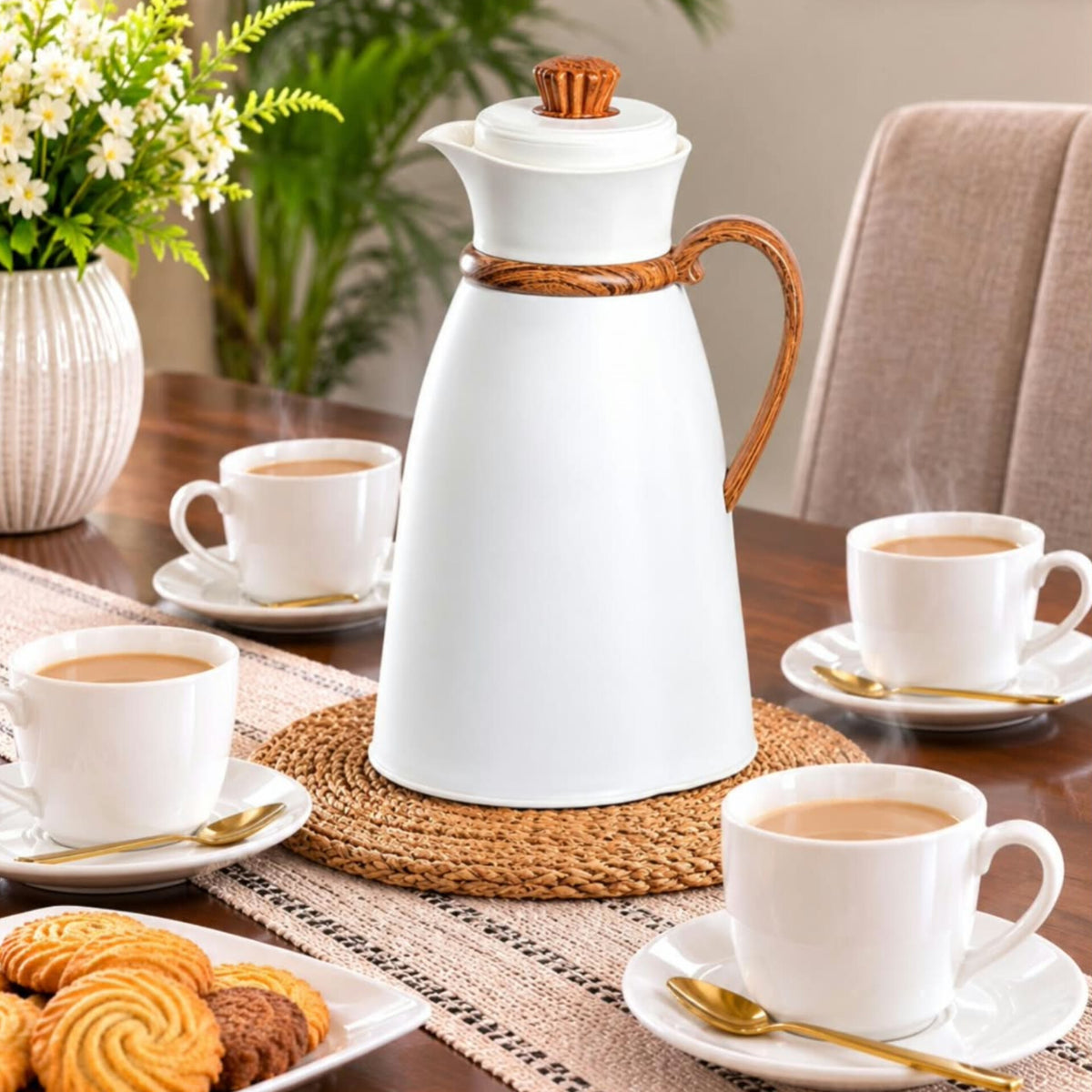 1L Thermal Flask with Brown Bamboo Ring And Handle