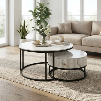 Nested Round Coffee Table Set with Marble Top and Storage Drawer