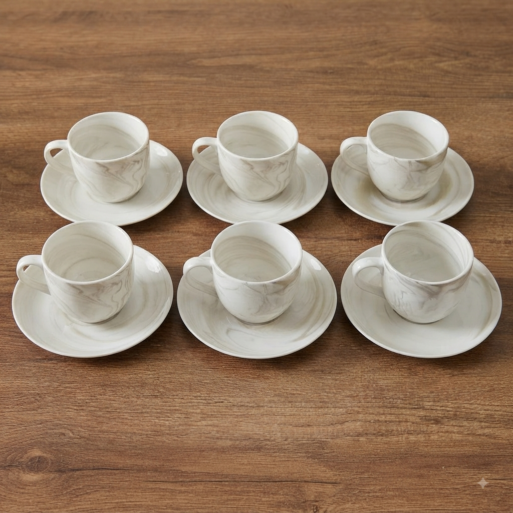 6Pc Marble Ceramic Cup Saucer Set