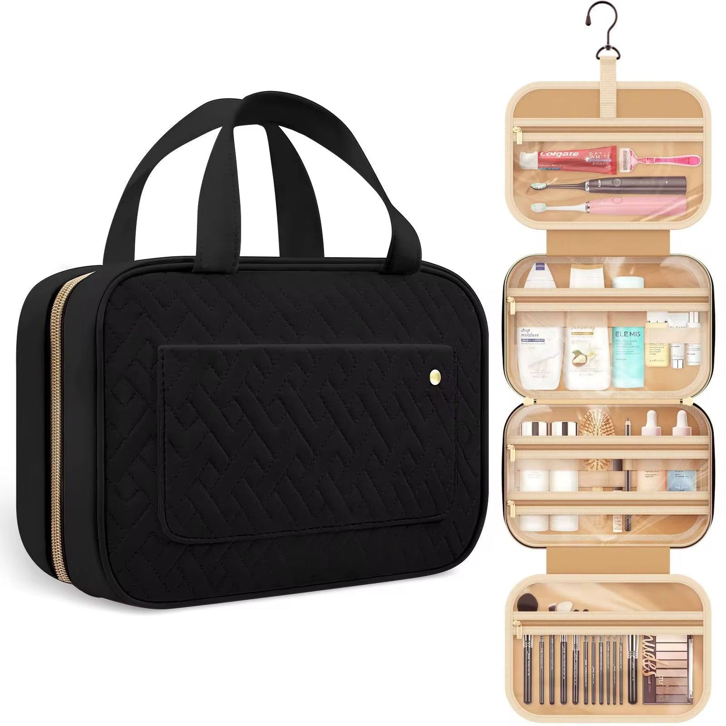 Quilted travel toiletry and makeup bag