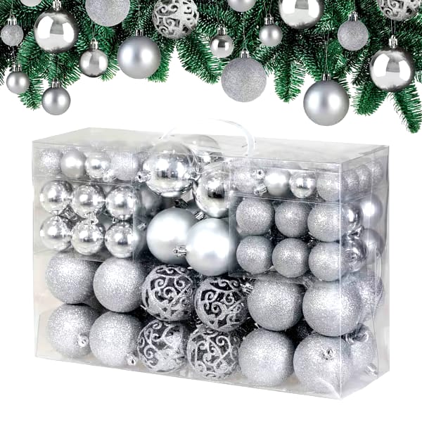 100 Pc Silver Christmas Tree Decor Balls Set