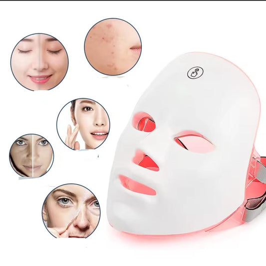 A white, rechargeable LED face mask with red light visible, next to circular insets showing skin before and after improvement from the light therapy, including acne, wrinkles, and texture issues.