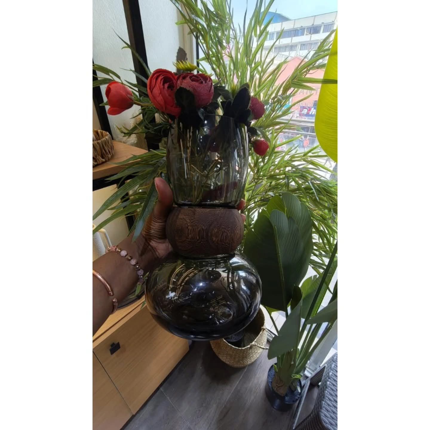 Dark glass vase With wooden ring