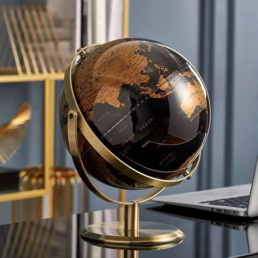Elegant Bronze and Black Rotating World Globe Desk Decor