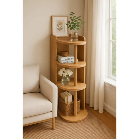 A tall, four tier light wooden bookshelf with rounded shelves and a smooth finish, positioned next to a cream armchair in a brightly lit corner by a window.