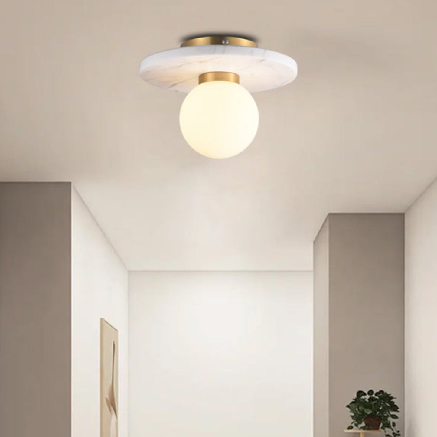 Marble and Brass Ceiling Light with Frosted Glass Globe
 WH 2024 G901 05 WH