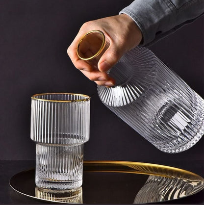 6Pc Ribbed glasses with decanter gold rim gha