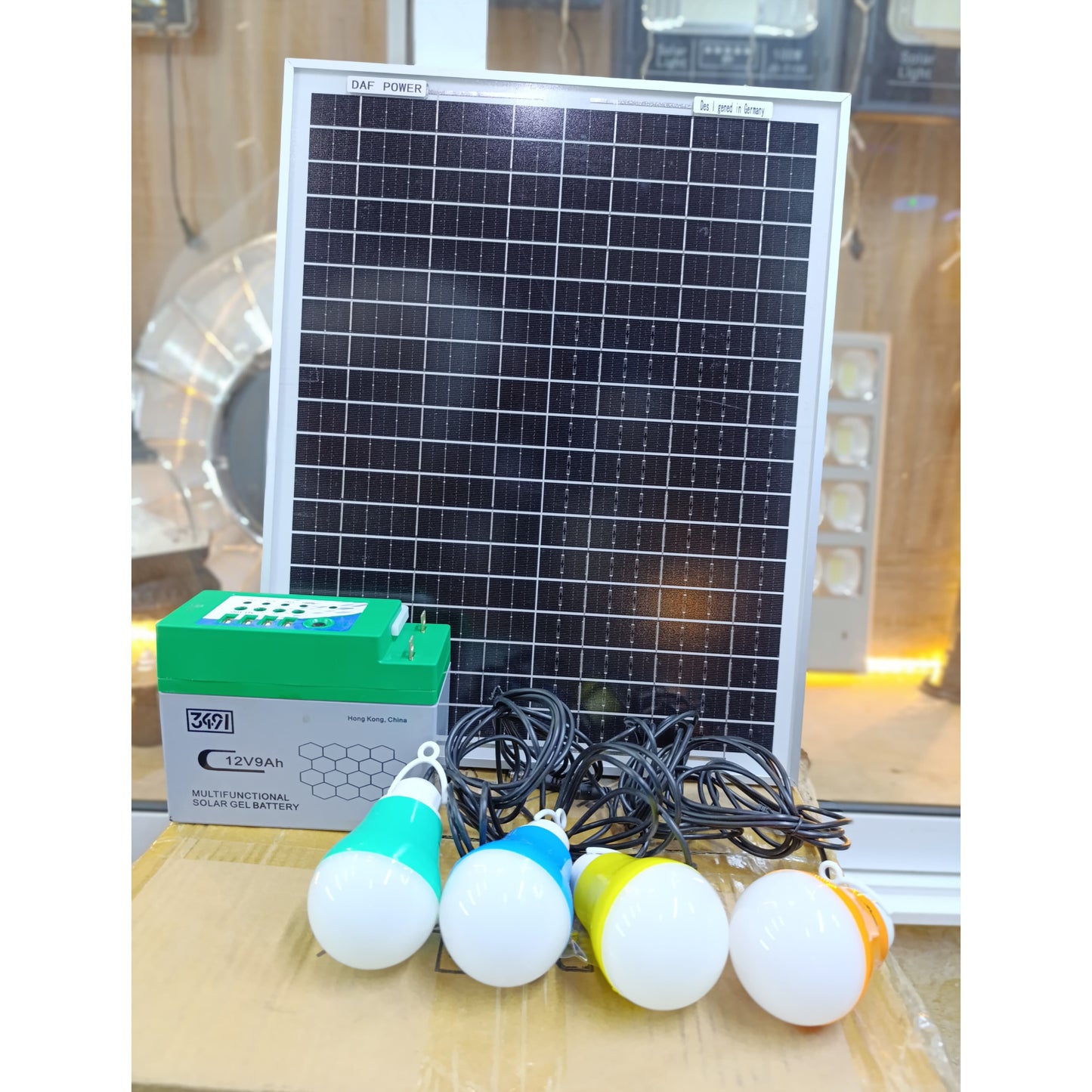 Solar Lighting System with 4 Led Bulbs + 9Ah Battery + 20W Solar Panel