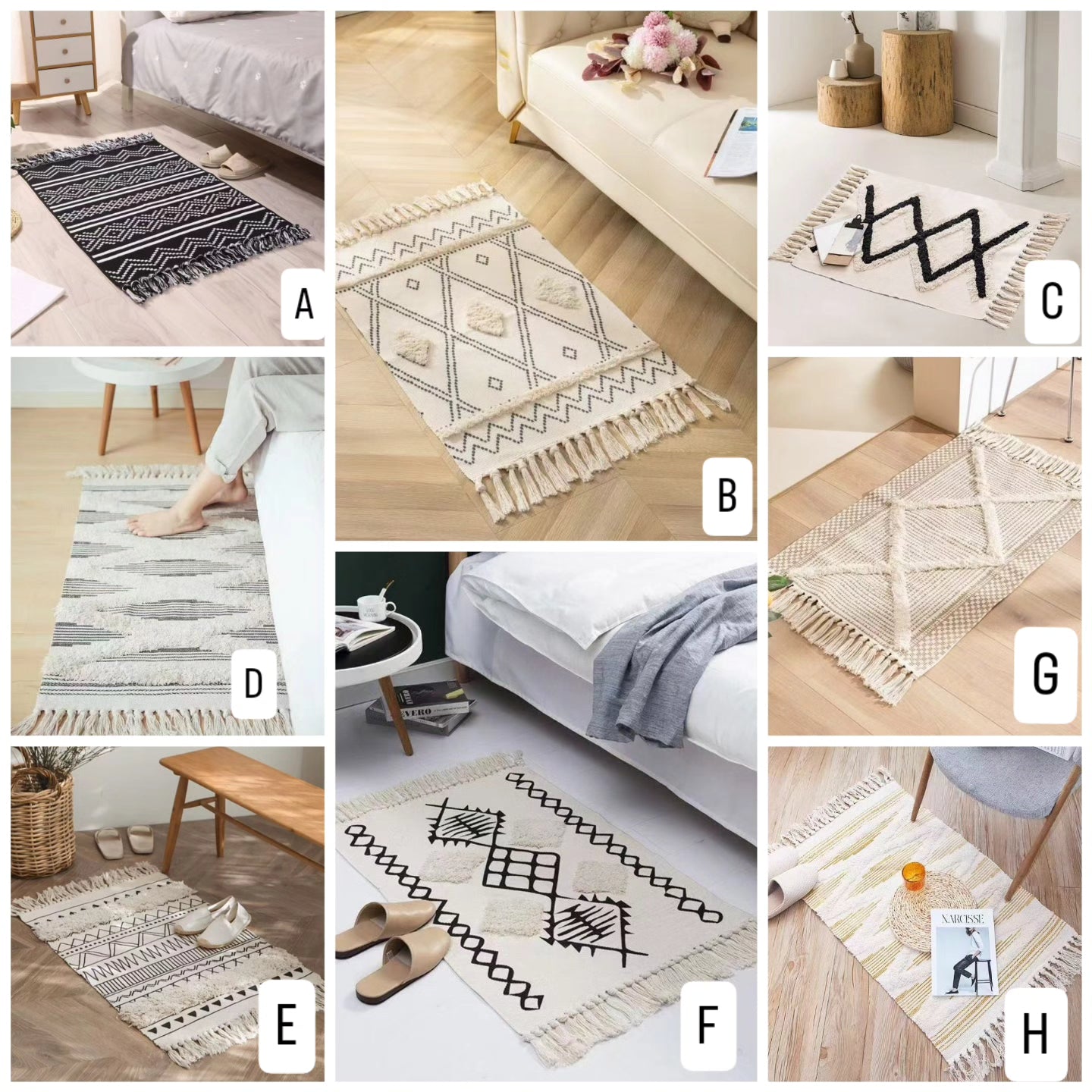 Bohemian bedroom rug with tassels