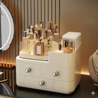 Cosmetic organizer rack with rotating top