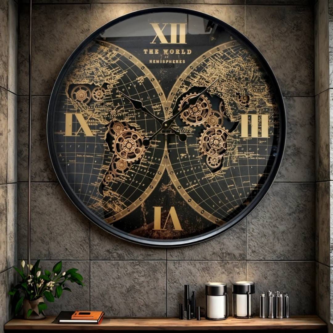 Large 60cm black and gold wall clock featuring a vintage world map, Roman numerals, and decorative exposed industrial gears.