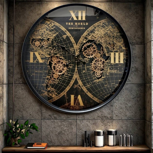 Large 60cm black and gold wall clock featuring a vintage world map, Roman numerals, and decorative exposed industrial gears.