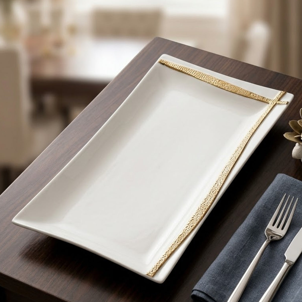 White 12 Inch Ceramic Platter with Gold Accent Lines