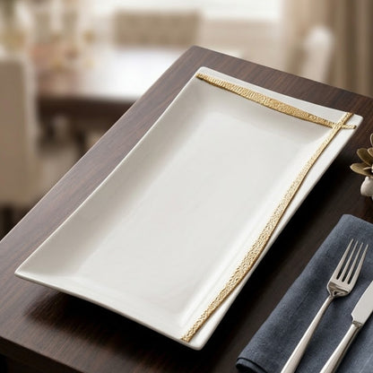 White 12 Inch Ceramic Platter with Gold Accent Lines
