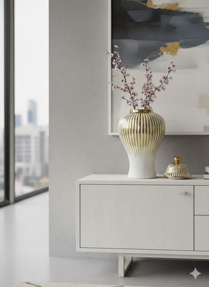 Decorative vase white ceramic ginger jar vases with gold plating in vertical stripe and diamond trellis patterns