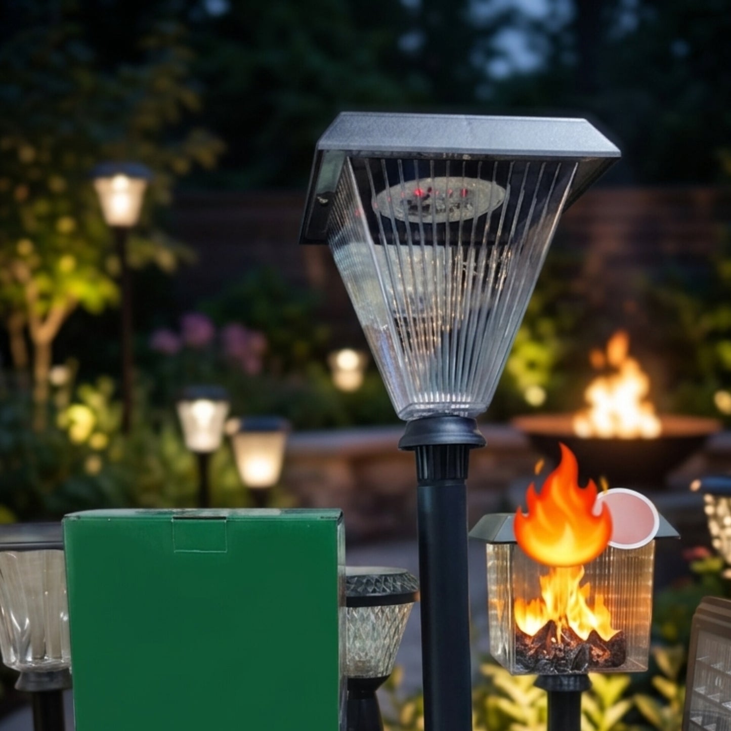 Solar lamp post with flame effect.