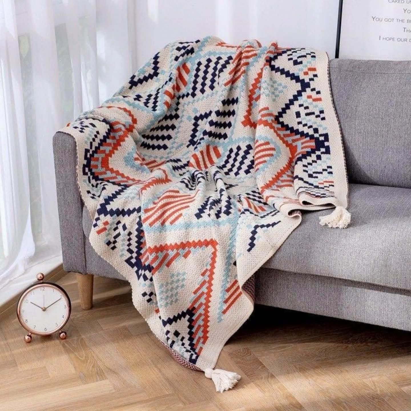 Bohemian Knitted Throw Blanket with Tassels