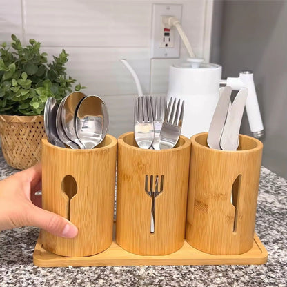 Bamboo Cutlery Organizer Set with Base Tray