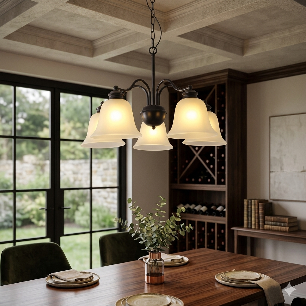 Black Chandelier – 5XE27 with Frosted Glass Shades
 PL 1145-05-BK