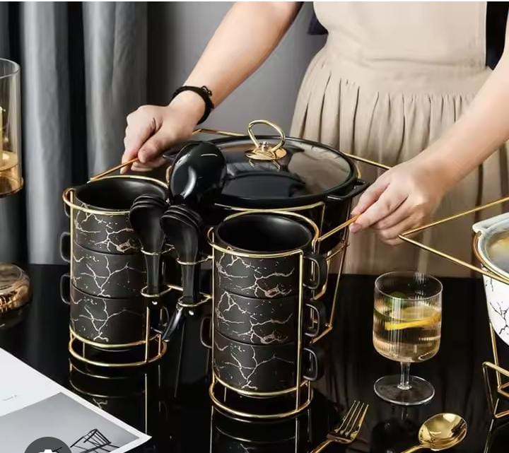 Luxury 15-Piece Ceramic Soup Serving Set with Gold Stand

